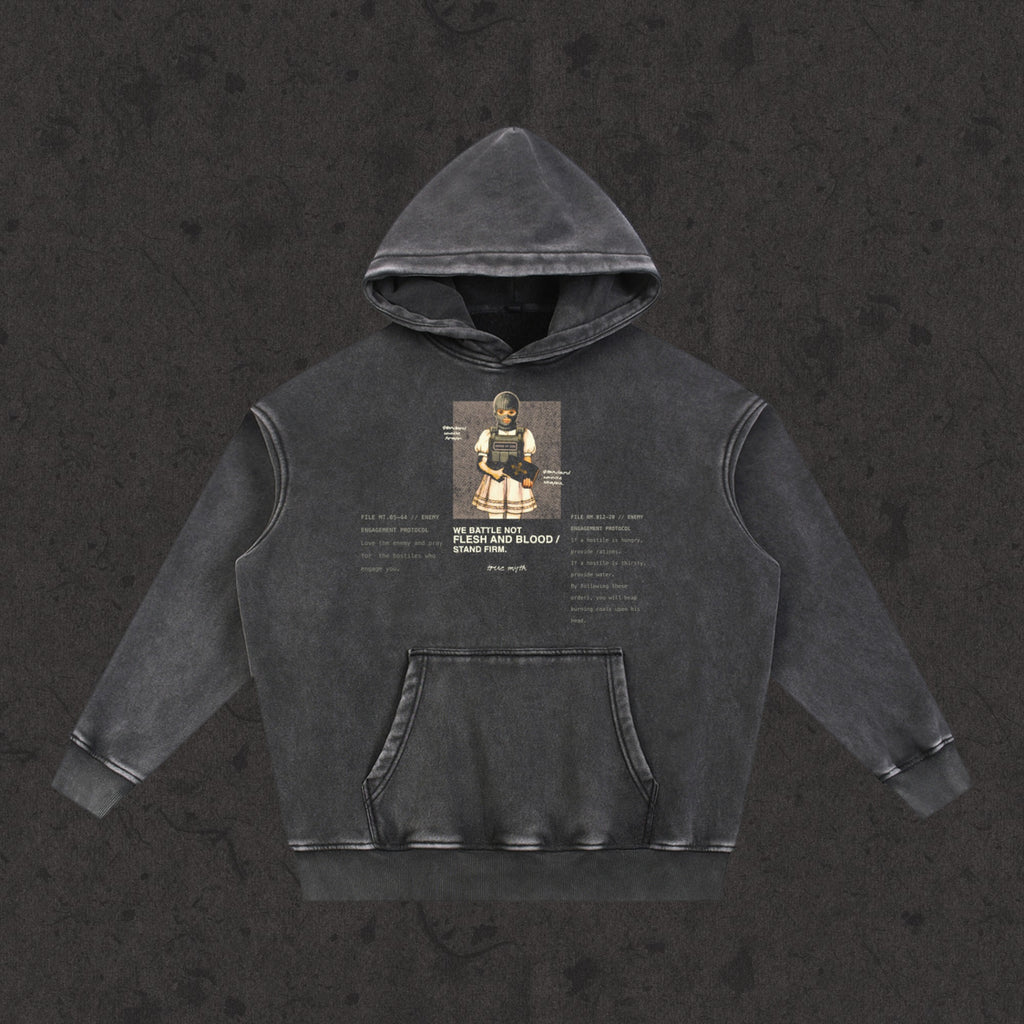 Oversized Retro Washed Hoodie in faded black with the Rules of Engagement design, front view
