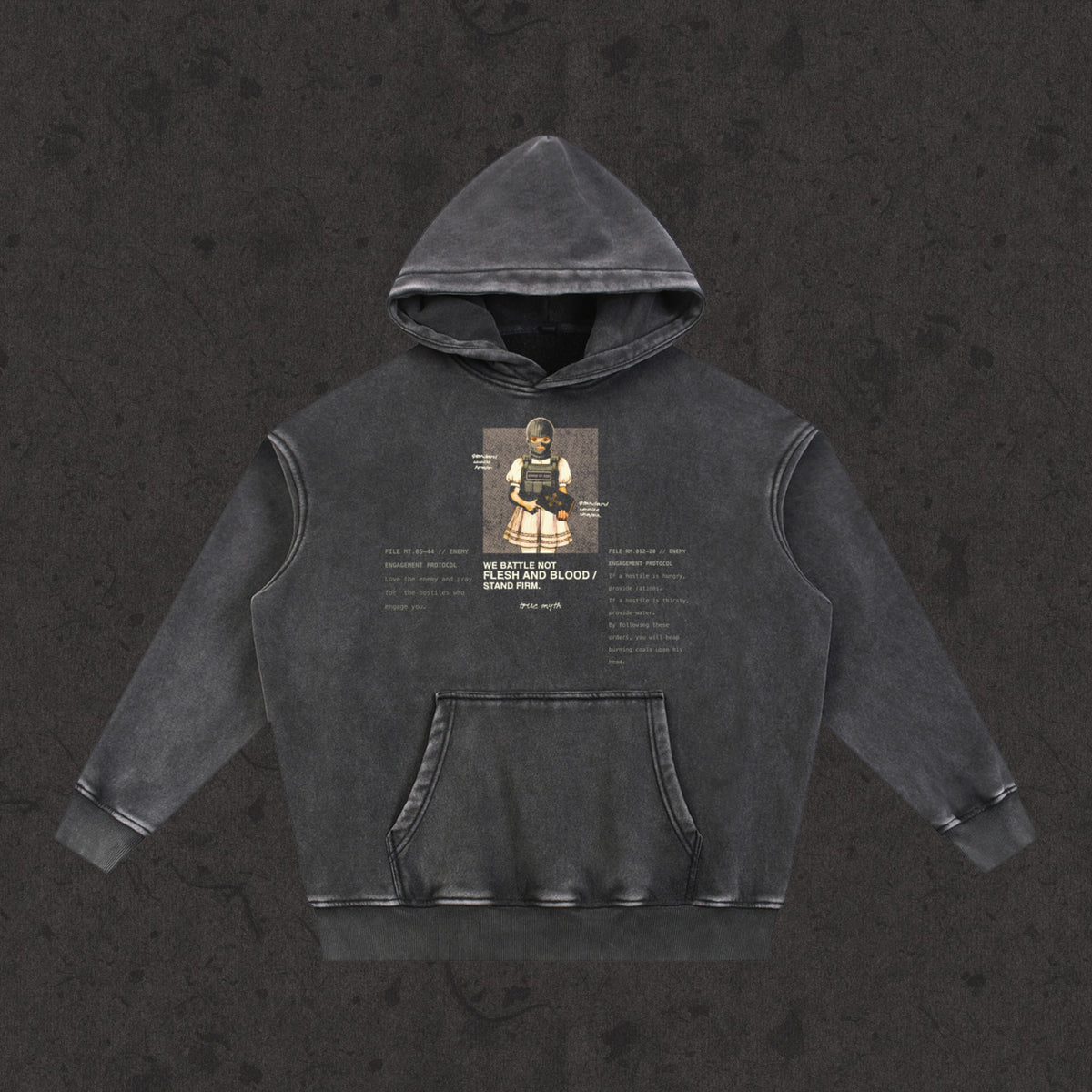 Oversized Retro Washed Hoodie in faded black with the Rules of Engagement design, front view